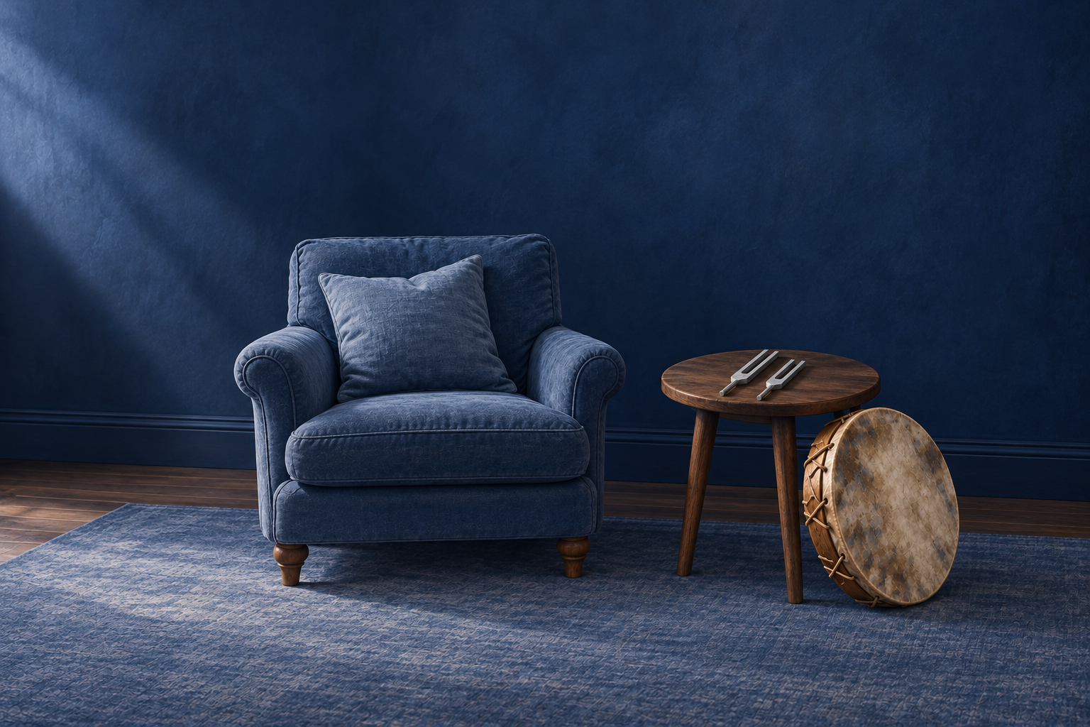 Illustration of a soft blue armchair beside a wooden table with 174 Hz and 528 Hz tuning forks, and a buffalo-hide drum resting on the floor